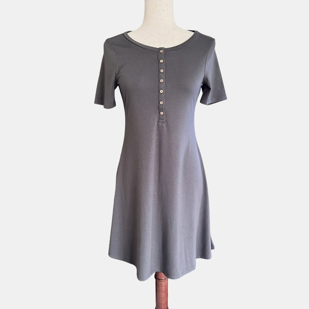 Zenana Henley Button Mini Skater Dress S Gray Minimalist modern preppy NWOT New